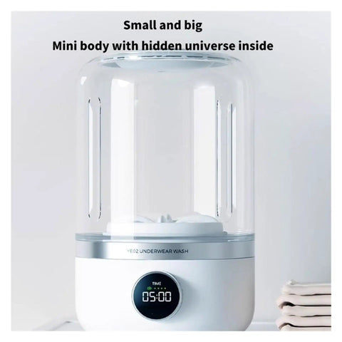 No Strings Attached Cordless Portable Washing Machine, Quiet And Slick Mini Washer For Dorms And Rvs, Gentle Spin For Delicate Underwear And Baby Threads, Hassle Free Laundry On The Move. Compact mini washer with timer and clear design.