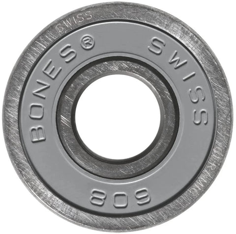 Bones Swiss ceramic skateboard bearing, gray metal with engraved lettering, close-up view