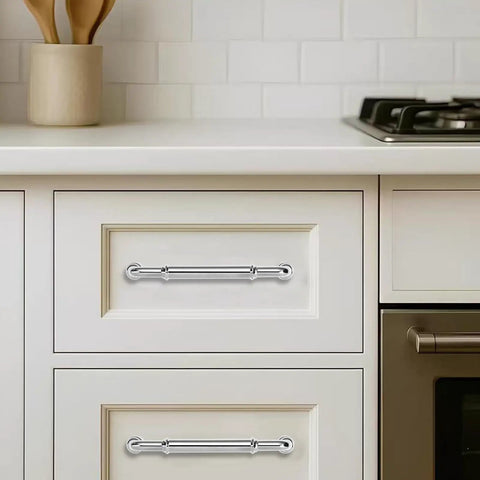 Ten Pack Polished Chrome Cabinet Pulls Set For Kitchen Cupboards And Bathroom Dressers Zinc Hardware Handles For Drawers Three And Three Quarters Inch Hole Center Durable Finish Dope Look Fingerprint Resistant Moisture Resistant Eight Colors Twelve Sizes displayed on kitchen drawers