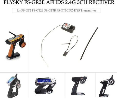 Flysky GR3E AFHDS 2.4G Long Range 3CH Receiver For FS-GT2 FS-GT2B FS-GT3B FS-GT3C FZ-IT4S RC Car And Boat 2 Pack shown with radios