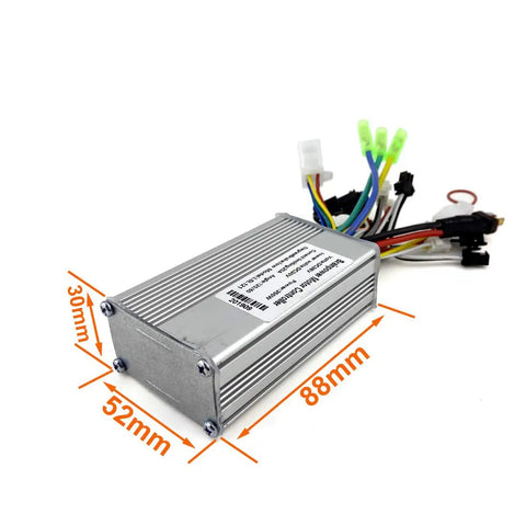 Straight Fire Power Upgrade 350W Brushless Motor Controller With Hall Sensor 24V 36V 48V Compatible, silver aluminum casing, dimensions marked
