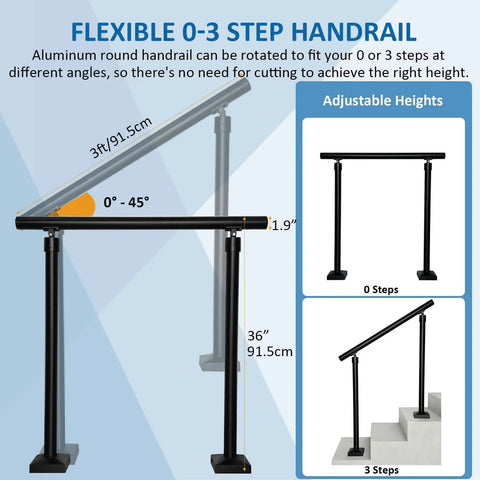 Hella Sturdy Aluminum Round Stair Handrail Kit For Indoor Outdoor Steps And Porch Deck With Rock Solid 800 Pound Load Capacity Built Tough Textured Black Railing adjustable handrail for 0-3 steps