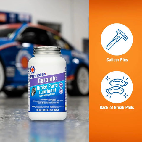 Permatex Ceramic Brake Parts Lubricant bottle, front view, 8 oz, white container with purple label