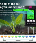 All In One 6 In 1 Soil Test Kit With LCD Display for Garden Farm and Lawn Care measuring pH with green leaves background.