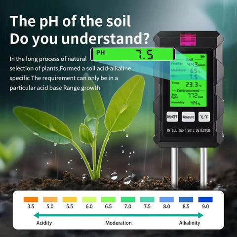 All In One 6 In 1 Soil Test Kit With LCD Display for Garden Farm and Lawn Care measuring pH with green leaves background.