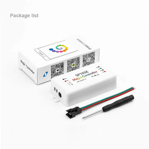Wireless Bluetooth Controller SP105E for LED Strips and Pixel Modules shown with box packaging and tools