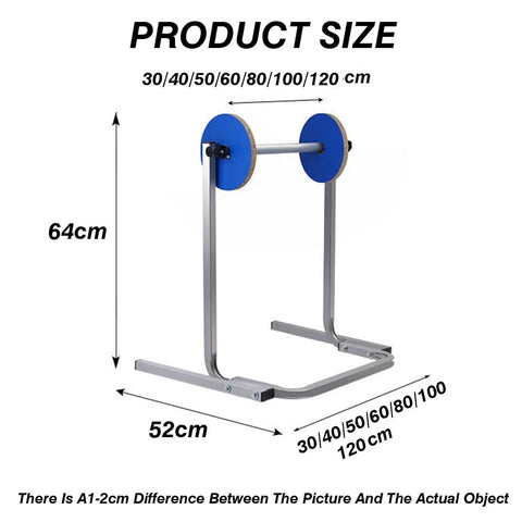 Heavy Duty Bubble Wrap Dispenser Stand And Adjustable Packing Roll Holder Shop Grade Steel Ship Station Rack, 64cm tall with blue wheels.