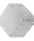Eight Piece Galvanized Steel Furniture Leg Mounting Plates stacked, heavy duty, rust proof design for easy installation.