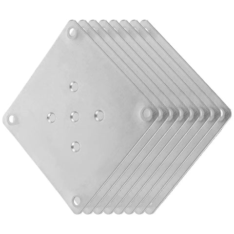 Eight Piece Galvanized Steel Furniture Leg Mounting Plates stacked, heavy duty, rust proof design for easy installation.