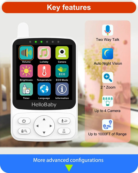 No WiFi Baby Monitor With Voice Activated Night Vision 4 Inch IPS Screen 2 Way Talk PTZ Remote Pan Tilt Zoom features display