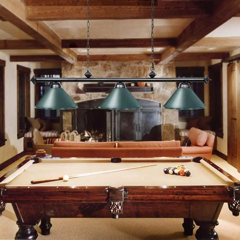 59 Inch Hanging Pool Table Light With Three Shade Billiard Lamps over a billiard table, rustic game room setting, green finish