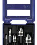 IRWIN 5-piece metal countersink drill bit set in blue case, front view