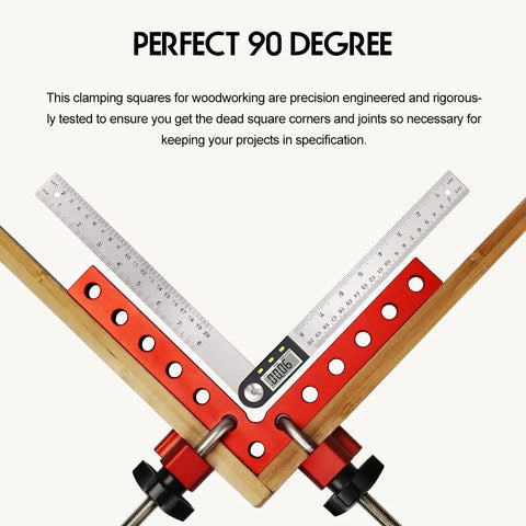 90 Degree Clamp Set For Cabinets And Woodworking, 5.5 X 5.5 Inch Aluminum Right Angle Corner Clamps, showing two clamps holding wood at a right angle.