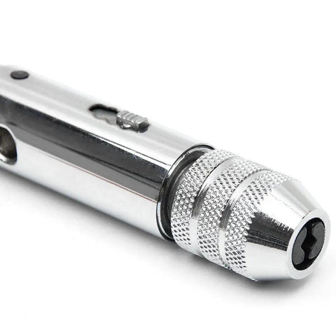 Adjustable Silver T Handle Ratchet Tap Wrench Kit With 5 Pcs M3 To M8 Metric Taps 3Mm To 8Mm Thread Range Chrome Plated Finish 85Mm Length Converts For Left Or Right Hand Use Or Lock For Non Ratcheting
