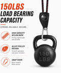Ratchet Tie Down Straps Six Millimeter Nylon Rope Four Pack Twelve Foot Each Adjustable Hangers For Kayak Truck Tent And Cargo Hauling Durable Alloy Gears With Galvanized Buckles For Heavy Duty Use 150 LBS load capacity graphic with pulley