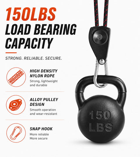 Ratchet Tie Down Straps Six Millimeter Nylon Rope Four Pack Twelve Foot Each Adjustable Hangers For Kayak Truck Tent And Cargo Hauling Durable Alloy Gears With Galvanized Buckles For Heavy Duty Use 150 LBS load capacity graphic with pulley