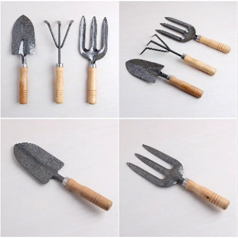 Three Kinds Of Gardening Tools Set Featuring Hooked Mattock Hand Shovel And Trident For Everyday Garden Work And Shoreline Shell Collecting On Tide Flats Built With Iron Heads And Wooden Handles In A Durable Black Finish laid out on a white background