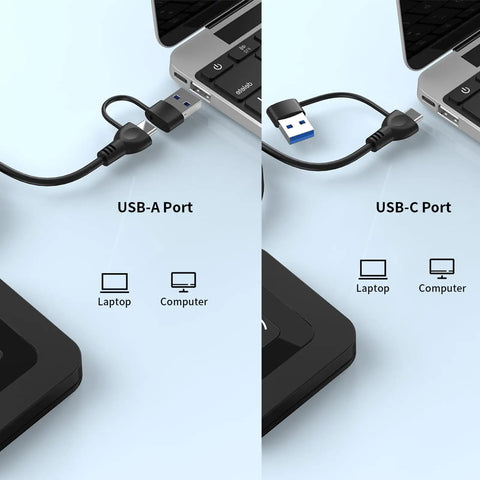 Comparison of NFC Dual Interface Smart Card Reader for CAC and DOD IDs with USB-A and USB-C adapter connected to laptops.
