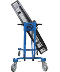 Six Foot Heavy Duty Mobile Industrial Barrel Fan Pumping Forty Thousand CFM Of Big Air Punch with blue frame and caster base.