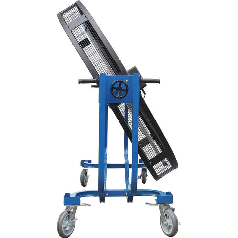 Six Foot Heavy Duty Mobile Industrial Barrel Fan Pumping Forty Thousand CFM Of Big Air Punch with blue frame and caster base.