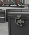 Heavy Duty 304 Stainless Steel Toggle Latch With Double Spring Draw Catch for toolboxes, close-up on black toolbox in workshop