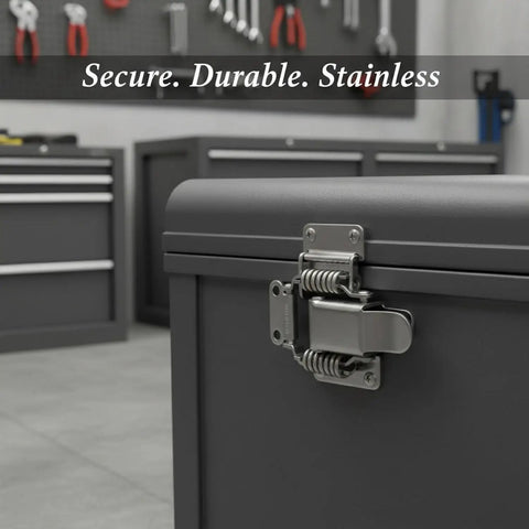 Heavy Duty 304 Stainless Steel Toggle Latch With Double Spring Draw Catch for toolboxes, close-up on black toolbox in workshop
