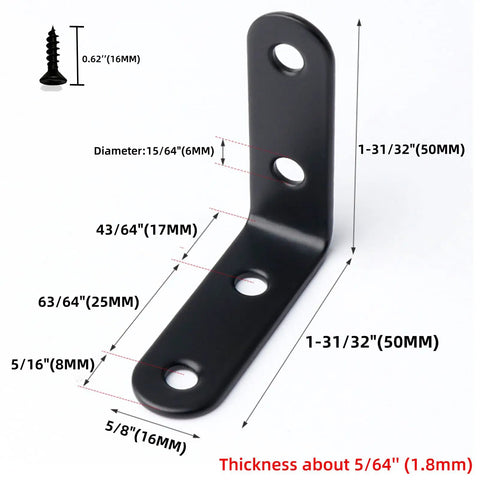 2 Inch L Brackets Pack Of 10, 90 Degree Black Corner Braces For Wood Furniture And Shelves shown with measurements
