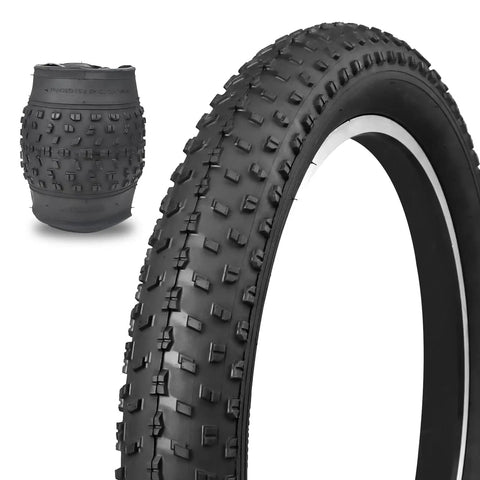 Beefy 20x3 Fat Bike Tire For E-Bikes And Mountain Snow Riding with tread detail, tube, and levers included for all terrains.