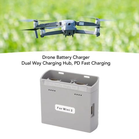 Two Way Battery Charging Hub For Drones Portable PD Fast Charging Station Delivers Sequenced Battery Charging For Mini 4K Mini SE Mini 2 Drone Accessories Grab And Go with drone in background