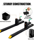 43 Inch Pallet Forks Clamp On for Tractor Bucket 1500 Lb Capacity Heavy Beefy Front Loader Attachment, showing anti-rust tips and screw rod.