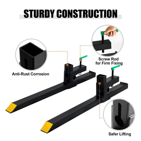 43 Inch Pallet Forks Clamp On for Tractor Bucket 1500 Lb Capacity Heavy Beefy Front Loader Attachment, showing anti-rust tips and screw rod.