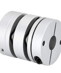 Aluminum alloy shaft coupling with split clamp, three-piece design; angled side view
