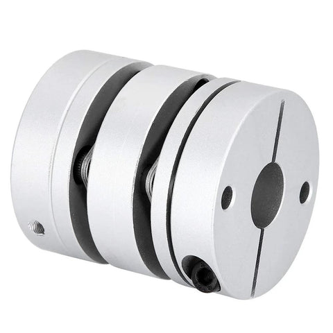 Aluminum alloy shaft coupling with split clamp, three-piece design; angled side view
