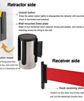 Heavy Duty Wall Mounted Retractable Belt Barrier With Magnetic Snap And Nine Foot Red Stanchion Rope installation details and components