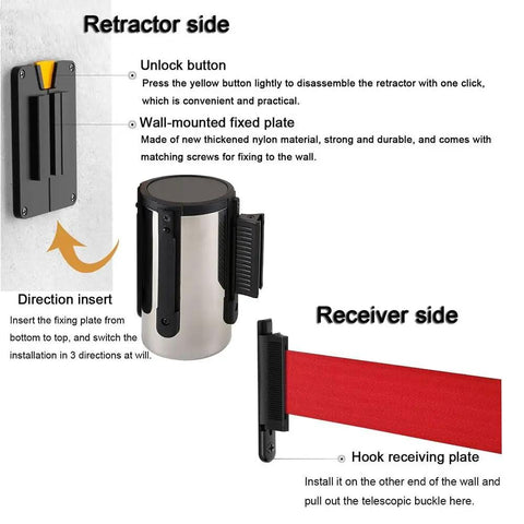 Heavy Duty Wall Mounted Retractable Belt Barrier With Magnetic Snap And Nine Foot Red Stanchion Rope installation details and components