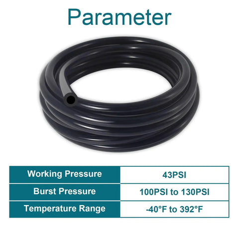 Automotive Silicone Vacuum Hose 10 Ft 3 Eighth Inch ID Vacuum Line 130 PSI Max Pressure High Temp Durable Tubing For Engine Bay Performance Beefed Up And Easy Fit coiled tube with pressure and temperature parameters displayed.