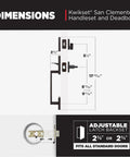 San Clemente Front Door Lock Handle And Deadbolt Set dimensions diagram for installation on standard doors.