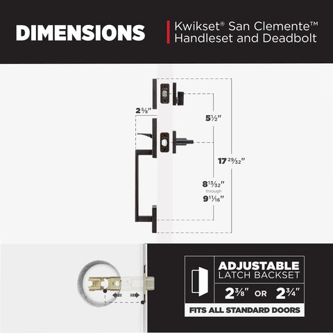 San Clemente Front Door Lock Handle And Deadbolt Set dimensions diagram for installation on standard doors.