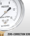 Close-up of a 2.5 inch dial low pressure gas line gauge with capsule system, 0 to 15 inches of water column, chrome plated case, lower mount.