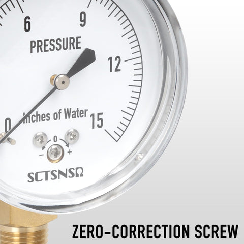 Close-up of a 2.5 inch dial low pressure gas line gauge with capsule system, 0 to 15 inches of water column, chrome plated case, lower mount.