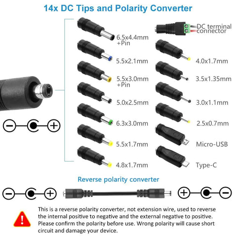 Universal Adjustable DC Power Supply 3V-24V, 3A 72W, 14 DC tips and polarity converter detail view
