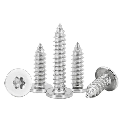 Built Tough Top Shelf Torx Flat Head Self Tapping Screws M4X12 304 Stainless Steel showing five screws with flat heads.