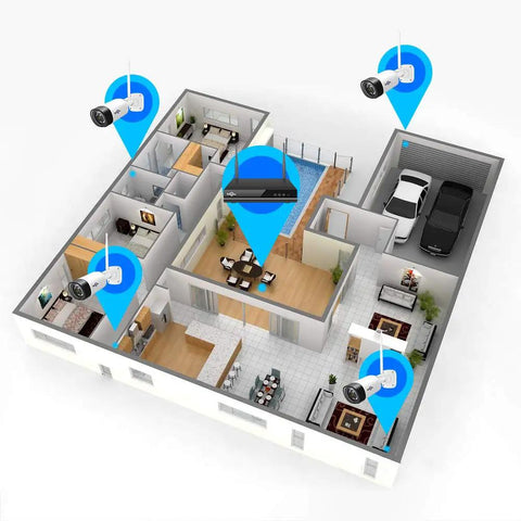 Diagram illustrating installation of Plug And Play 16 Channel Network Video Recorder For Hiseeu Wireless Security Camera System 3MP 1080P And 960P Recording No Hard Drive Included Up To 6TB Internal Drive Works With Hiseeu 3MP And 5MP Cameras in a house layout.