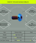 Diagram of Titanium M5x10 Bolts 12 Pack Burnt Blue PVD Coated T25 Screws For Bike Disc Brakes And MTB Maintenance infographic.