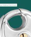 Close-up of Same Key Stainless Steel Storage Lock Set For Sheds Garages And Trailers Disc Padlocks showing case-hardened steel shackle.