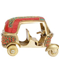 Sick Red Brass Auto Rickshaw Replica With Stone Studded Details Classic Indian Tuk Tuk Model Display Piece side view with detailed stone accents.