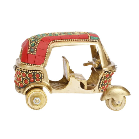 Sick Red Brass Auto Rickshaw Replica With Stone Studded Details Classic Indian Tuk Tuk Model Display Piece side view with detailed stone accents.