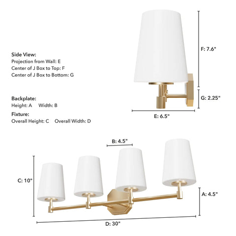 Dimensions illustration of Nolita Vanity Light with Alturas Gold Finish and Cased White Glass, modern ceiling fixture for various spaces.