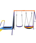 Backyard Swing Set With Trampoline For Kids And Adults, Heavy Duty A Frame, 440 Lb Capacity, Saucer Swing, Belt Swing Seats, Trampoline