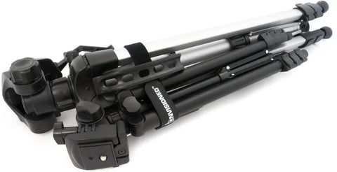 Folded camera tripod showing black and silver metal legs with adjustable features for stability, compact design for portability.